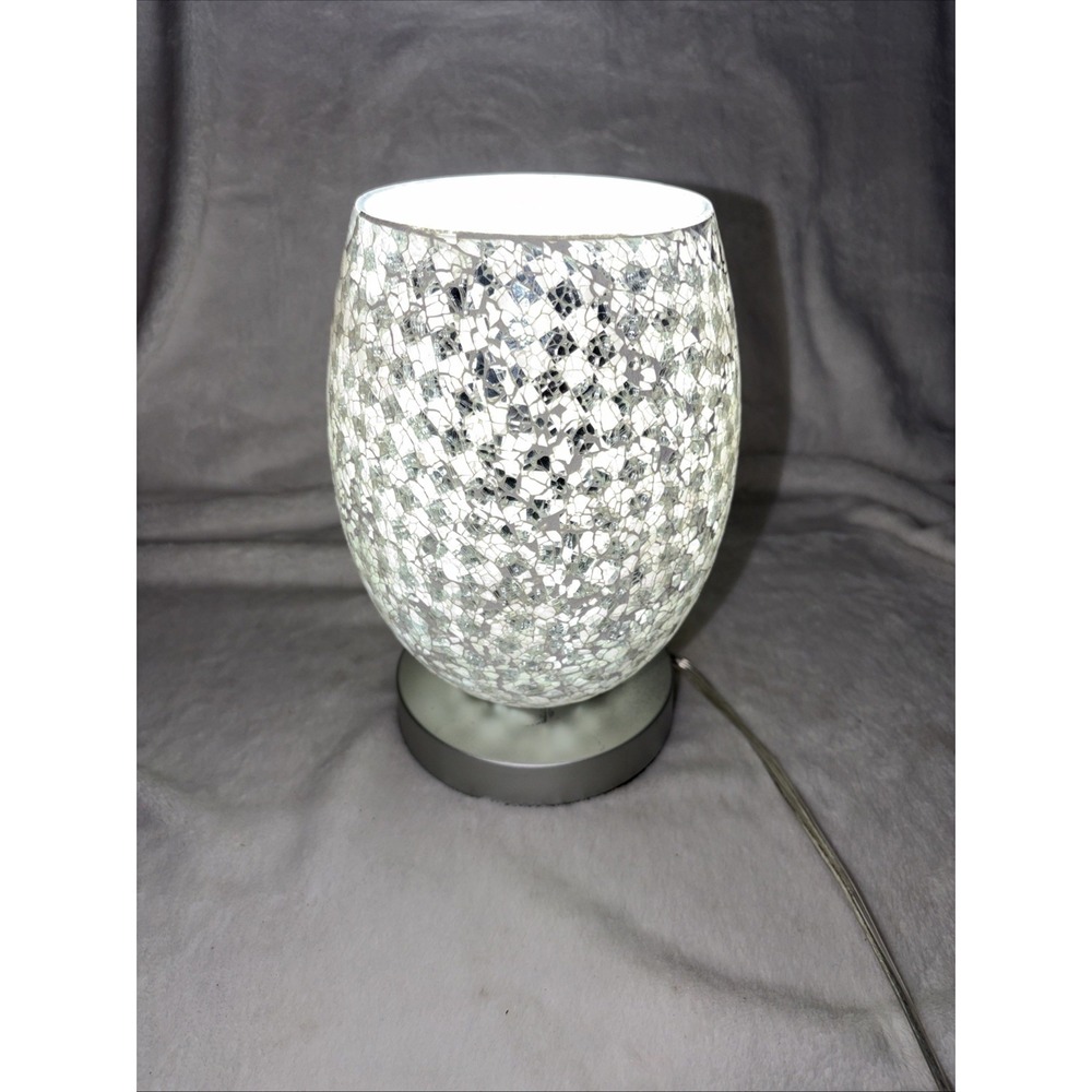 Mosaic Silver White Crackle Glass Table Lamp 10" Shimmer Modern Glam Accent EUC